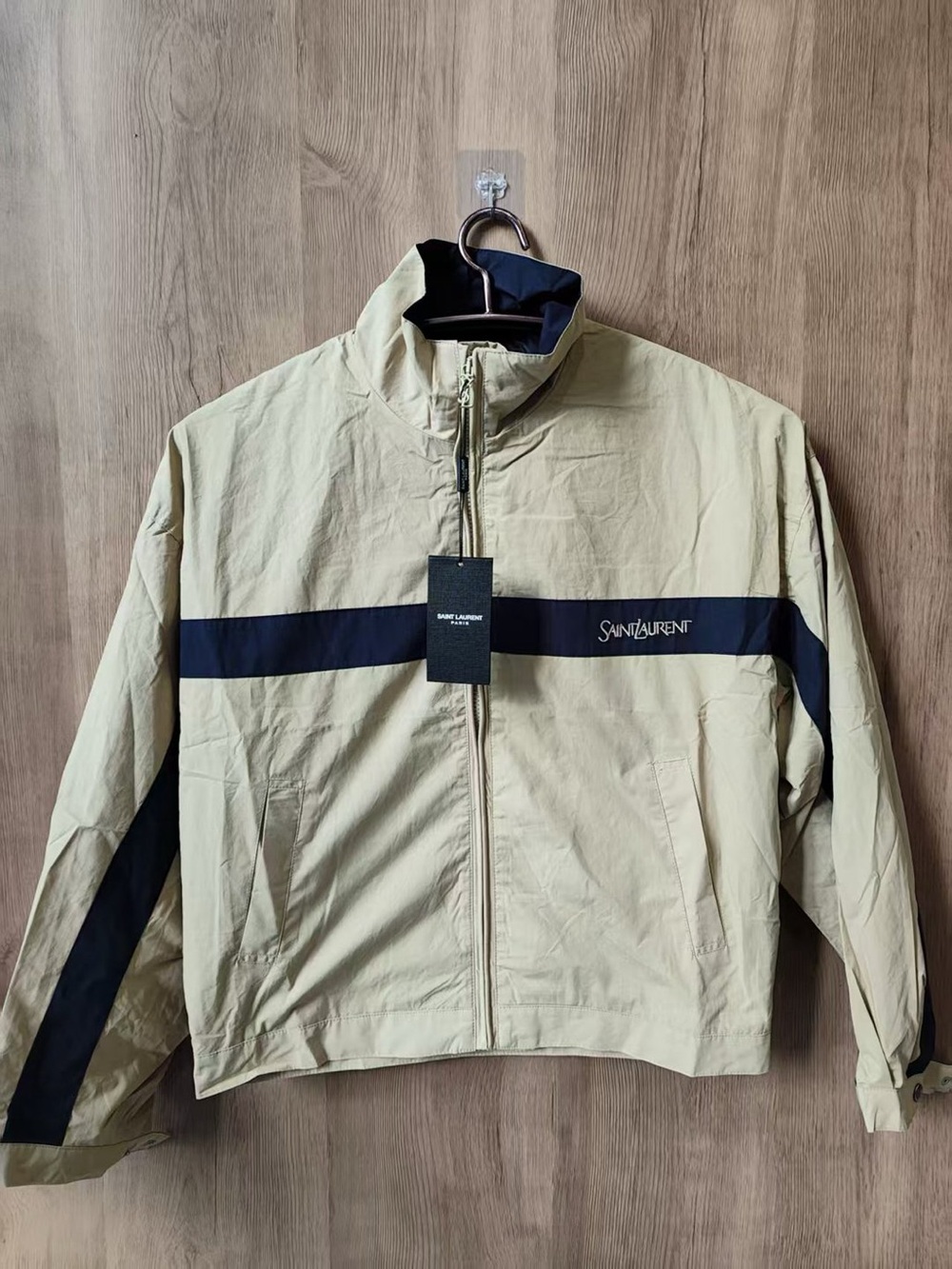 Saint Laurent Beige Striped Cropped Windbreaker Jacket